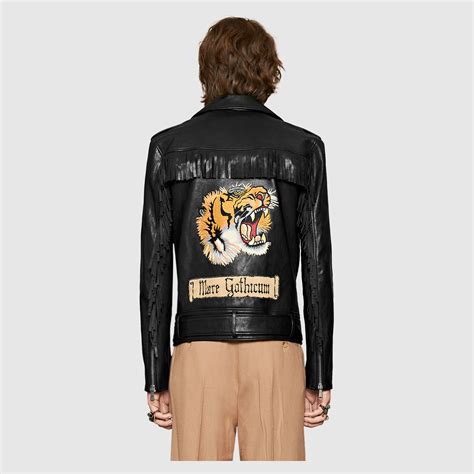 tiger-embroidered fringed black leather jacket by gucci|Gucci coats for women.